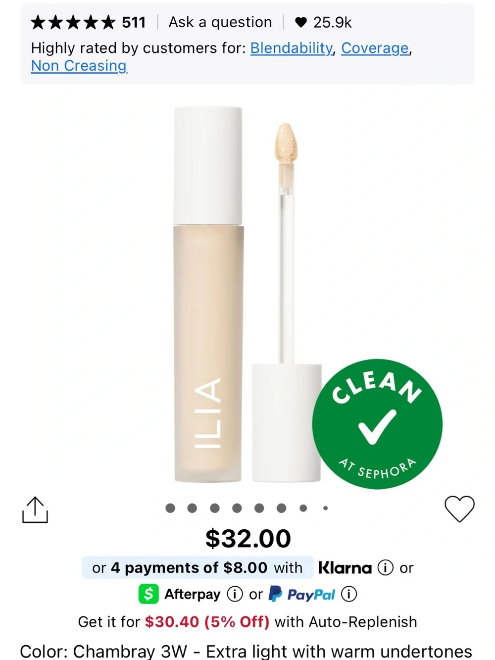 ILIA Tinted Serum Foundation – 3W Chambray (New)